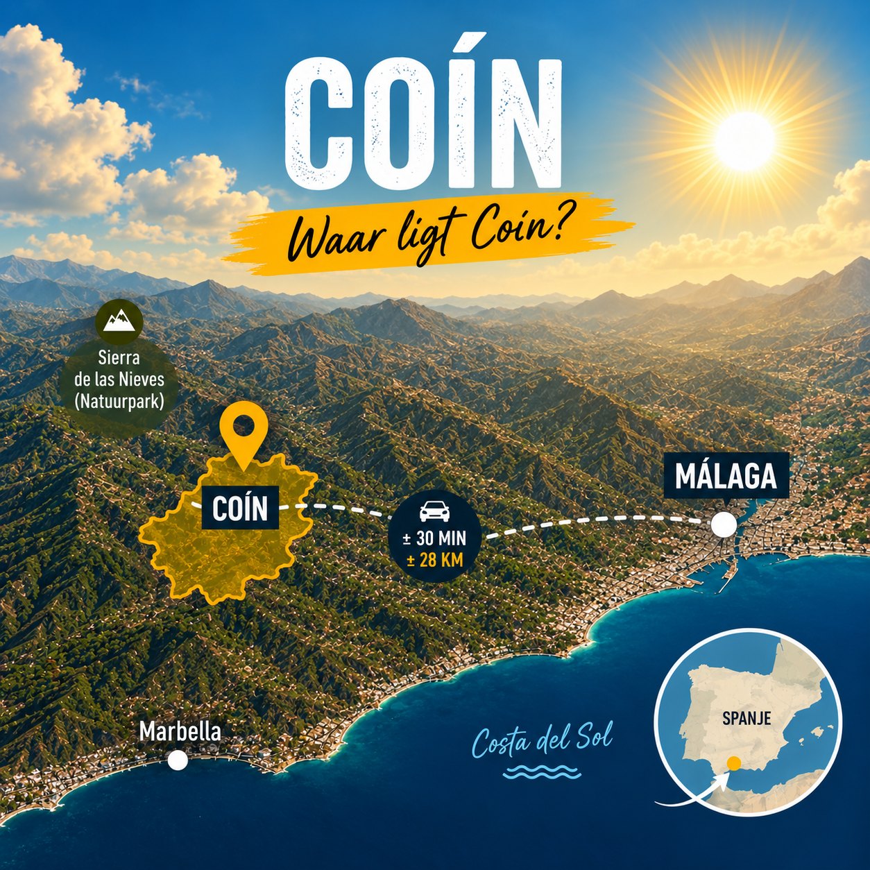 Kaart van de ligging van Coín in Andalusië, ongeveer 30 minuten en 28 kilometer van Málaga, met Marbella en de Costa del Sol aan de kust en het natuurpark Sierra de las Nieves in het noorden