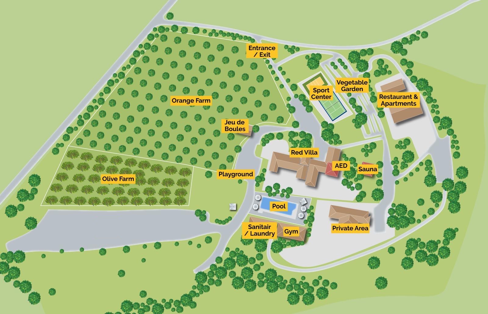Plattegrond van het landgoed met de rode villa, het zwembad, het restaurant met appartementen, het sportcenter, de sauna, de gym, de speeltuin en de sinaasappel- en olijfgaarden